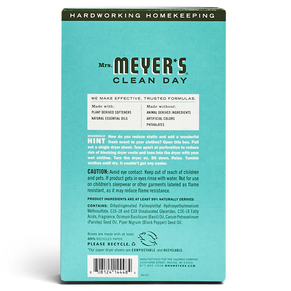 On the back of Mrs. Meyers Dryer Sheets package: Features plant-derived softeners and essential oils for fresh laundry, adding delightful fragrance while being gentle on fabrics. Includes cautionary details, usage hints, and contact information at the bottom.