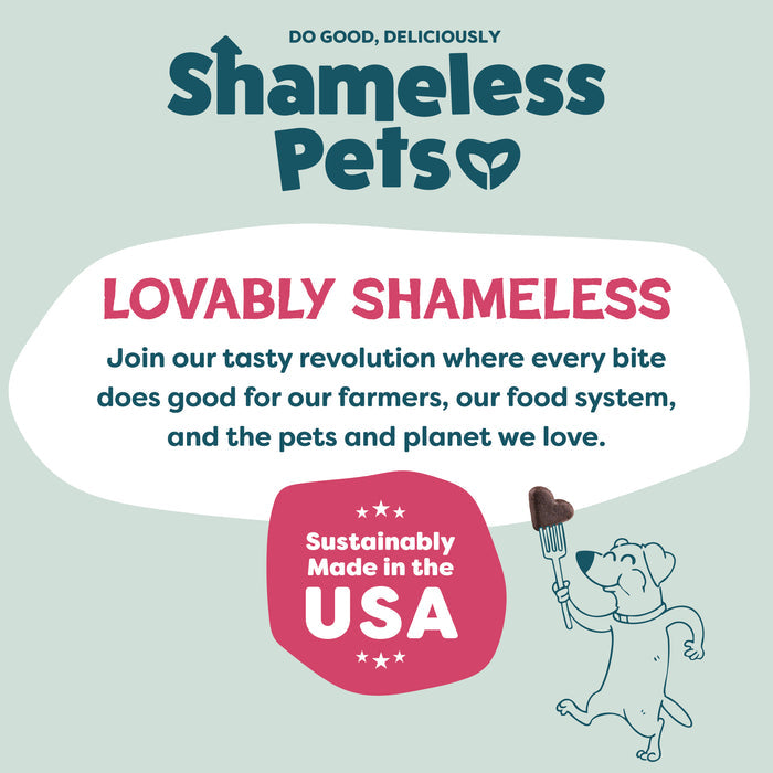 A playful dog holds a heart-shaped treat on a fork. Text: Shameless Pets. Duck Duck Beet Soft-Baked Dog Treats—join our tasty revolution! Natural, upcycled ingredients. Lovably Shameless. Sustainably made in the USA.