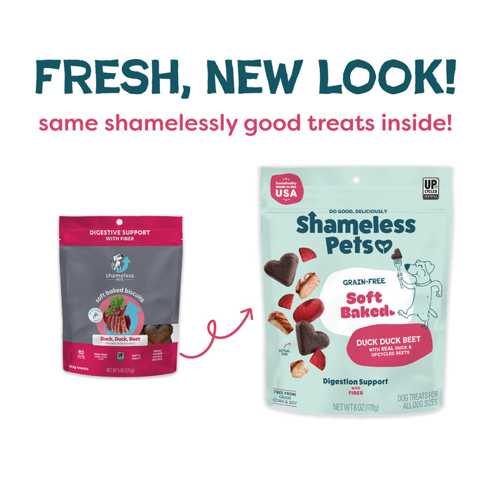Image shows two packages of Shameless Pets Duck Duck Beet Soft-Baked Dog Treats, old and new designs side by side with a curved arrow. Text above reads: FRESH, NEW LOOK! Natural, upcycled treats your pup will love.