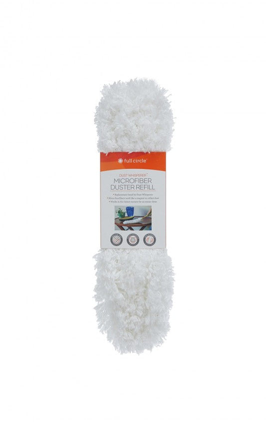 Image of a fluffy white Dust Whisperer Filament Duster Refill in packaging. The packaging is white with an orange banner, featuring cleaning use images and the text Microfiber Duster Refill by Full Circle, with advanced microfiber filaments for enhanced dust collection.