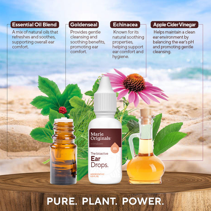 A bottle of Marie Originals Ear Pain Relief Drops is surrounded by essential oil, goldenseal, echinacea, and apple cider vinegar, highlighting their gentle cleansing and supportive benefits for swimmer’s ear comfort.