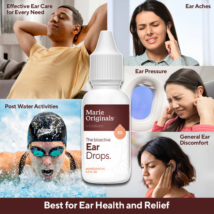 A bottle of Marie Originals Ear Pain Relief Drops is centered among images of people with ear discomfort, like swimmer’s ear and ear aches, with text highlighting its effectiveness as a natural remedy.