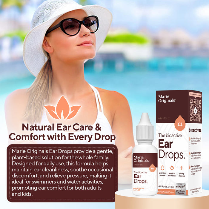 A woman in sunglasses and a sun hat relaxes by the pool. In front, Marie Originals Ear Pain Relief Drops and its box highlight natural drops for swimmer’s ear and gentle ear pain relief for all ages.