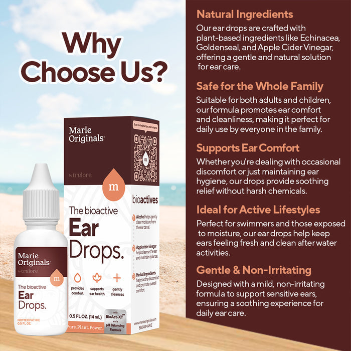 The image shows Marie Originals Ear Pain Relief Drops, featuring natural ingredients for the whole family, offering ear comfort, swimmer’s ear support, and a gentle, non-irritating formula ideal for active lifestyles.