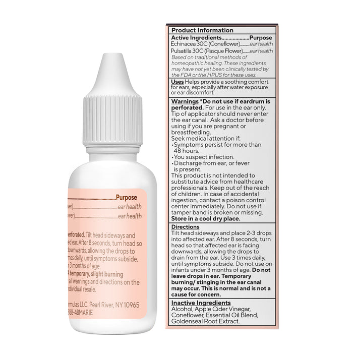 A white plastic dropper bottle with a pointed cap and a detailed label presents Marie Originals Ear Pain Relief Drops for swimmer’s ear, featuring warnings, directions, ingredients, and black text on white with orange accents.