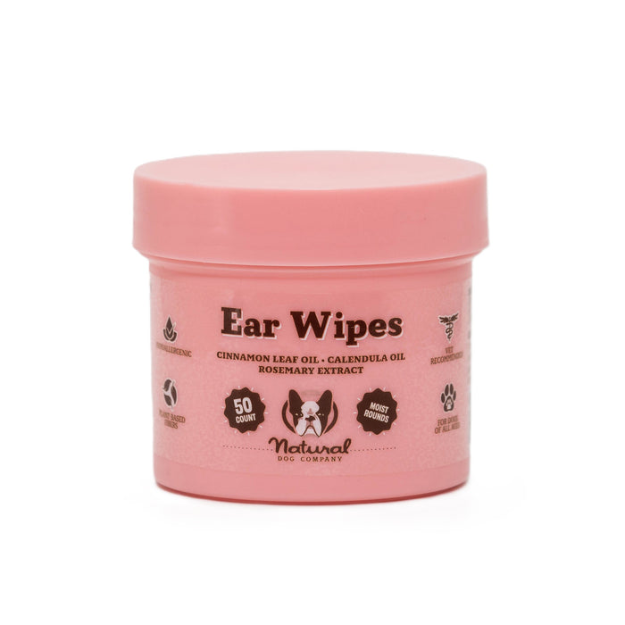 The Ear Wipes by Natural Dog Company come in a pink container with 50 hypoallergenic wipes. They use natural ingredients like cinnamon leaf oil, calendula oil, and rosemary extract for optimal dog ear care. Icons highlight vet recommendations and sustainable practices.
