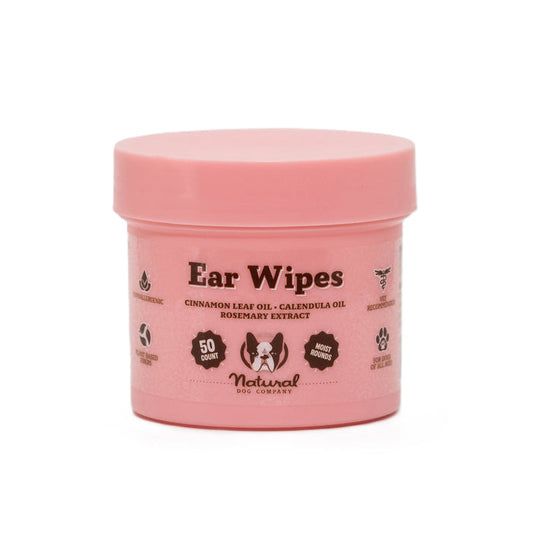 The Ear Wipes by Natural Dog Company come in a pink container with 50 hypoallergenic wipes. They use natural ingredients like cinnamon leaf oil, calendula oil, and rosemary extract for optimal dog ear care. Icons highlight vet recommendations and sustainable practices.