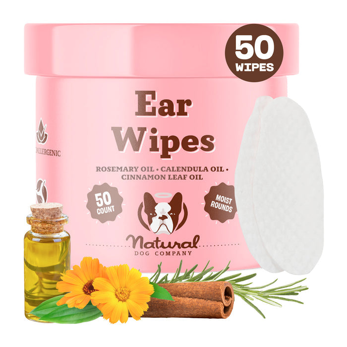 The pink Ear Wipes container from Natural Dog Company includes 50 wipes. Ideal for dog ear care, it features rosemary oil, calendula oil, and cinnamon leaf oil, showcased with a small oil bottle, calendula flower, cinnamon stick, and accompanying white round wipes.