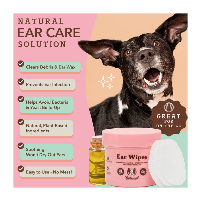 A happy black and white dog is in the top right, next to "Natural Ear Care Solution" text. The product image of ear wipes and a small oil bottle is bottom center. Bullet points list benefits like clearing debris, natural ingredients, and soothing effects.