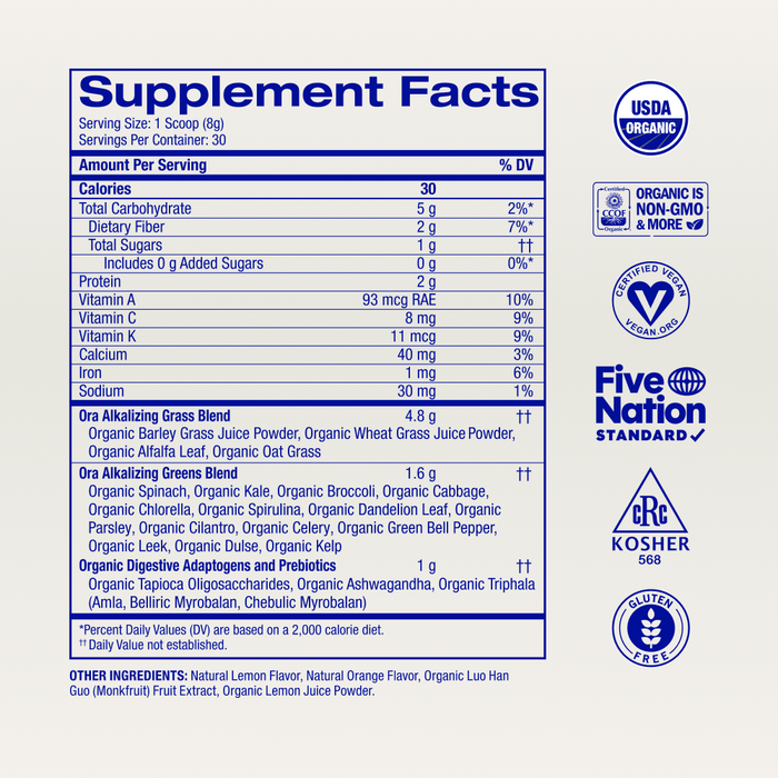 Ora Organic’s Easy Being Green: Daily Active Superfood Greens Powder has a Supplement Facts label detailing nutrition and ingredients with organic prebiotics, adaptogens, vitamins, minerals, proprietary blends, and certifications: USDA Organic, Non-GMO, Kosher, Gluten-Free, Five Nation Seal.