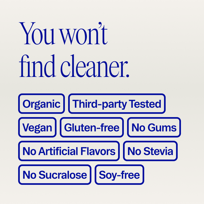 Text reads “You won’t find cleaner.” above boxes: Organic, Third-party Tested, Vegan, Gluten-free, No Gums, No Artificial Flavors, No Stevia, No Sucralose, Soy-free—made with Ora Organic’s Easy Being Green: Daily Active Superfood Greens Powder.