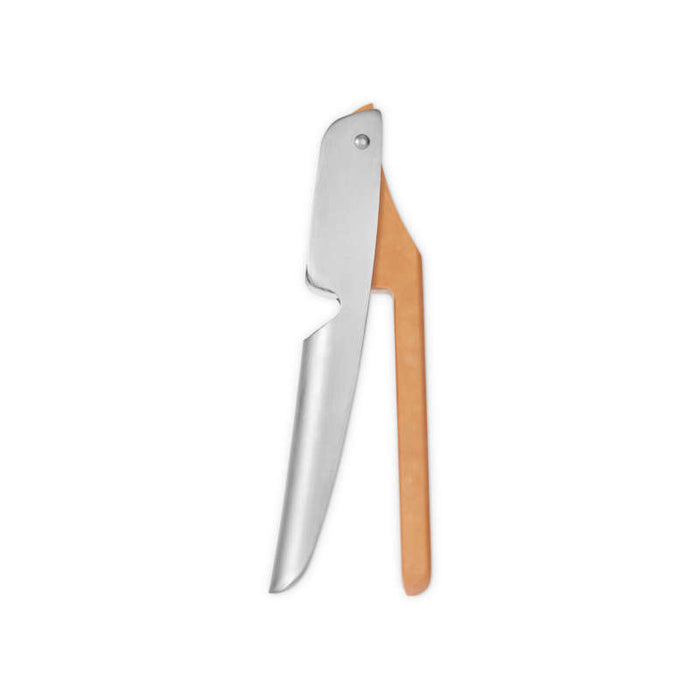 Easy-Clean Garlic Press by Full Circle presented against a plain white backdrop, featuring a stainless steel pressing plate and an ergonomic bamboo handle.