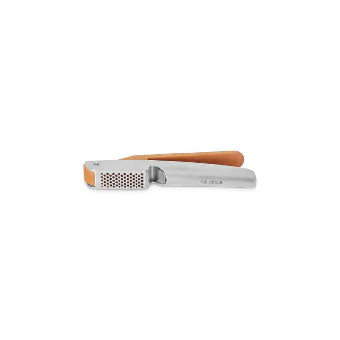 The Easy-Clean Garlic Press by Full Circle features a stainless steel design with ergonomic wooden handles and a scraper for cleaning. Its perforated chamber easily crushes garlic, while its slightly curved handles provide a comfortable grip. Plus, it’s dishwasher safe for added convenience.