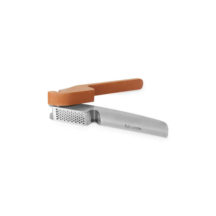 The Easy-Clean Garlic Press by Full Circle is a stainless steel tool with a vibrant orange scraper handle, perfect for effortlessly crushing garlic cloves. Its small holes ensure effectiveness, and its dishwasher safe, promising quality and convenience in one handy gadget.