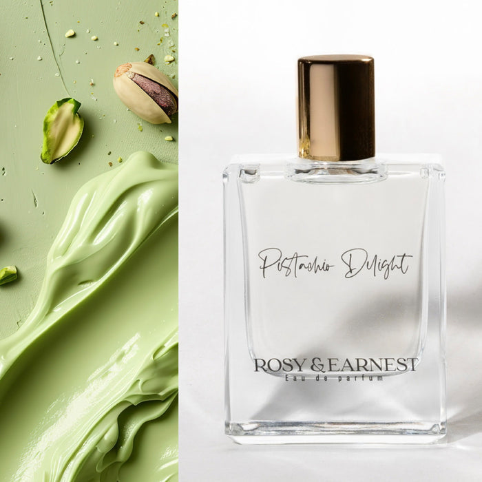 On the right, a cruelty-free Pistachio Delight perfume by Rosy & Earnest with a metallic cap; on the left, a textured green cream topped with whole and chopped pistachios.