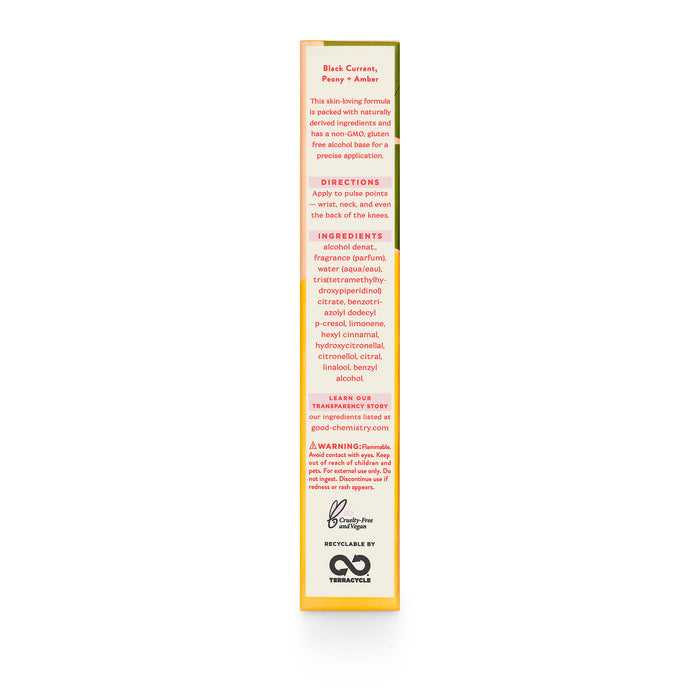 The side view of Good Chemistrys Eau De Parfum Travel Spray box showcases ingredients like raspberry leaf and citrus fruit extracts, directions, and warnings in small print. This bright-colored, eco-friendly box also features a recycling symbol, emphasizing cruelty-free practices.