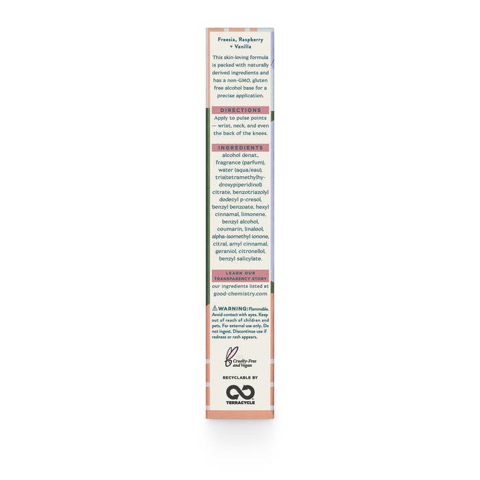 The side view of Good Chemistrys Eau De Parfum Travel Spray box displays ingredients, directions, and warnings. It highlights a vegan fragrance with essential oils. The recyclable box features a striped orange-to-purple gradient design, enhancing the Sugar Berry appeal.
