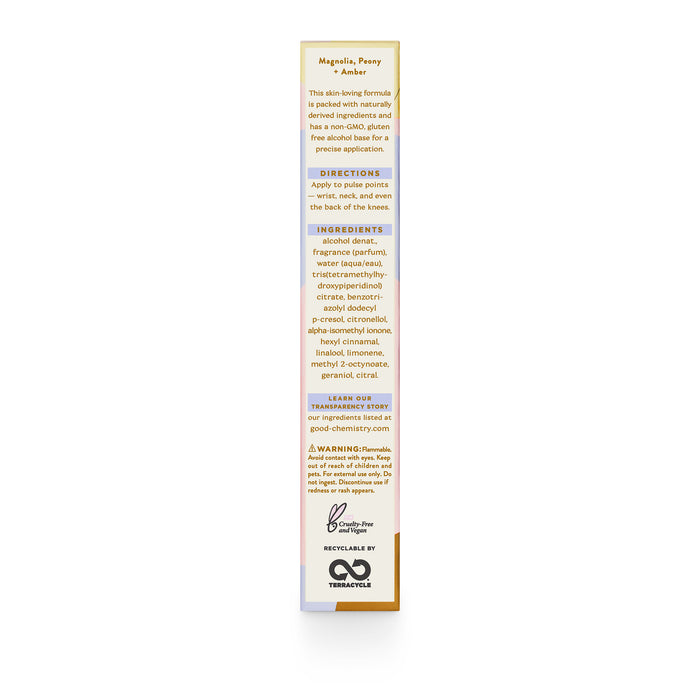 The Eau De Parfum Travel Spray by Good Chemistry features a side view of the box with Eau de Parfum noted. It has fragrance notes of magnolia, peony, and amber. Apply on pulse points. Recycling and ingredient info is provided for this vegan, cruelty-free product along with external use and flammability warnings.
