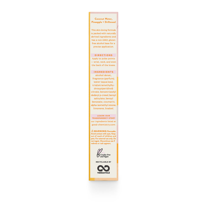 Side view of Good Chemistrys Eau De Parfum Travel Spray box shows directions, ingredients, and recycling logo. The design is white with orange and pink accents, featuring Coconut Water, Pineapple + Dragonfruit at the top to suggest its Coco Blush fragrance allure.