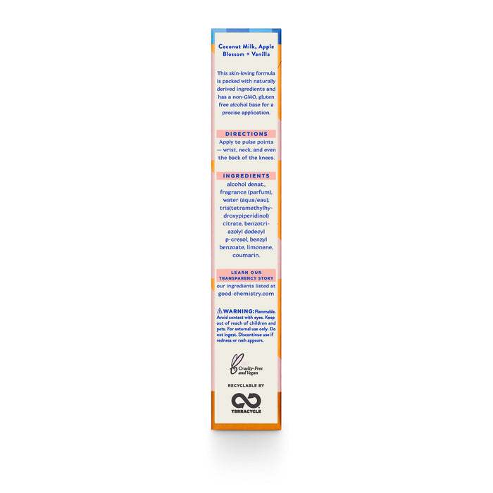 Side view of Good Chemistrys Eau De Parfum Travel Spray box shows Coconut Milk, Apple Blossom & Vanilla scent details. Directions, ingredients, warnings, and recycling info are visible on the minimalistic design with colorful accents. Perfect for travel spray enthusiasts.