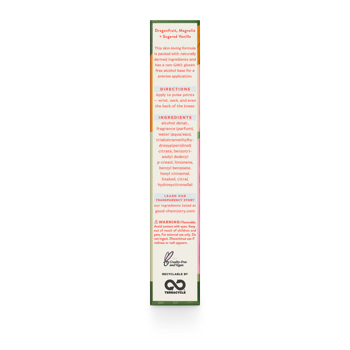 The side of the Good Chemistry Eau De Parfum Travel Spray box displays Dragonfruit, Magnolia, + Sugared Vanilla as the scent. It includes ingredients, directions, a warning, and recycle info. The vegan and cruelty-free logos are shown alongside a website for more information.