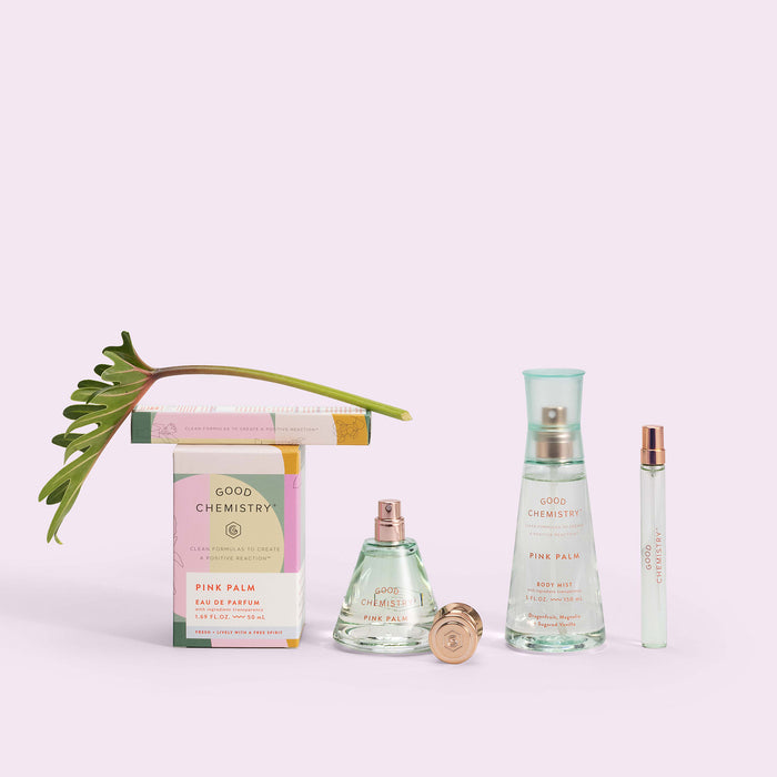 The Good Chemistry Pink Palm collection, including the Eau De Parfum Travel Spray, offers a boxed perfume, two sprays, a capped bottle, and a rollerball. Vegan and cruelty-free, theyre elegantly presented with a green leaf on the box against a light pink background.