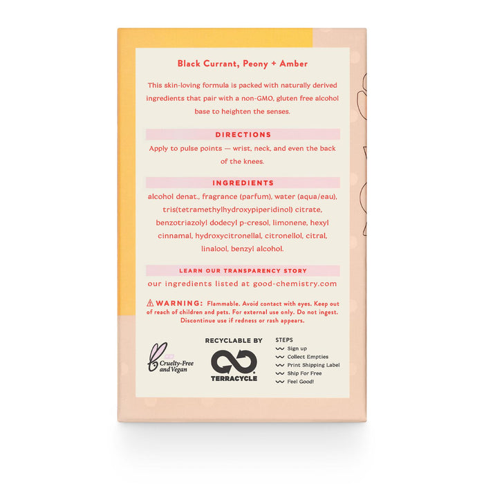 The Queen Bee fragrance package from Good Chemistrys Eau De Parfum collection details a blend of black currant, peony, and amber. It displays ingredient transparency, a recyclability logo, vegan and cruelty-free attributes, and includes a flammability warning.