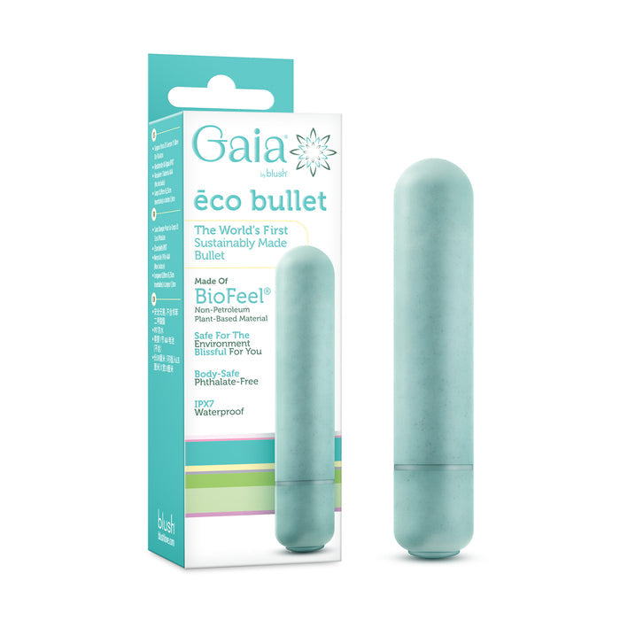 The Blush Gaia Eco Bullet, a light blue petite vibe, stands beside its packaging, showcasing this waterproof vibrator made from plant-based, sustainable materials.