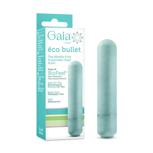 The Blush Gaia Eco Bullet, a light blue petite vibe, stands beside its packaging, showcasing this waterproof vibrator made from plant-based, sustainable materials.