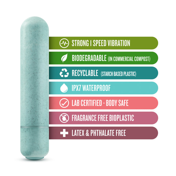 A light blue cylindrical object is shown next to a list of features: strong speed vibration, biodegradable, recyclable, IPX7 waterproof, lab certified - body safe, fragrance-free bioplastic, and latex &amp; phthalate free.