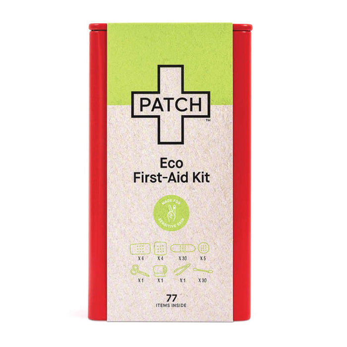 Red PATCH Eco First-Aid Kit box with a medical cross symbol, promotes hypoallergenic, natural bandages suitable for sensitive skin. Contains 77 items focused on sustainable wound care.