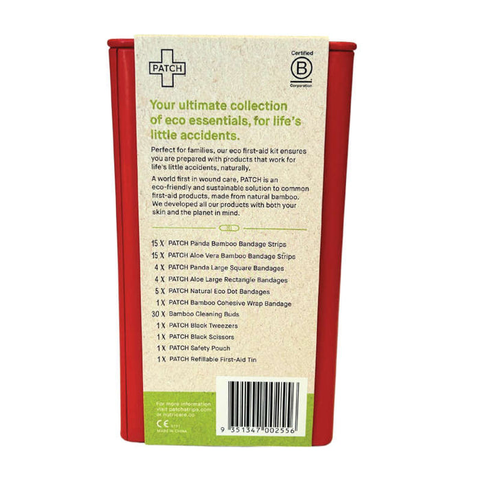 The PATCH Eco First-Aid Kit tin, in red, displays hypoallergenic bandages made from bamboo, aloe vera, and activated charcoal. It highlights sustainable wound care and family-friendly products for minor injuries. A barcode is located at the bottom.
