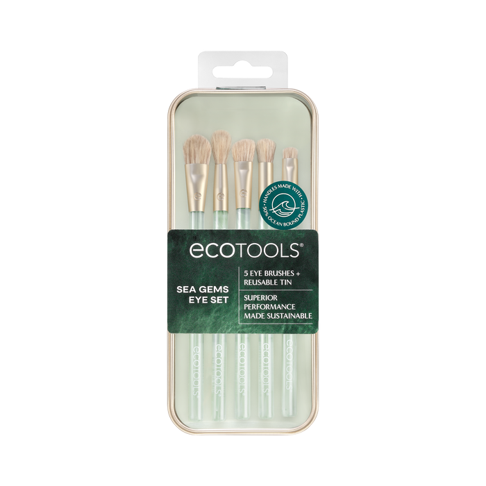 The Eco Sea Gems Eye Set by EcoTools includes five vegan and cruelty-free eye brushes with green handles in a transparent package. It highlights Superior Performance, Made Sustainable, and features a certified logo in the top corner.