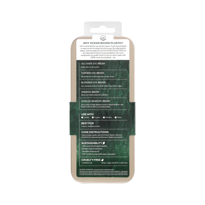 The back of the EcoTools Eco Sea Gems Eye Set packaging displays product details and benefits, featuring eye makeup brush types, usage tips, and sustainability aspects like cruelty-free, vegan labeling, and ocean-bound plastic. Text is in white on a green background.
