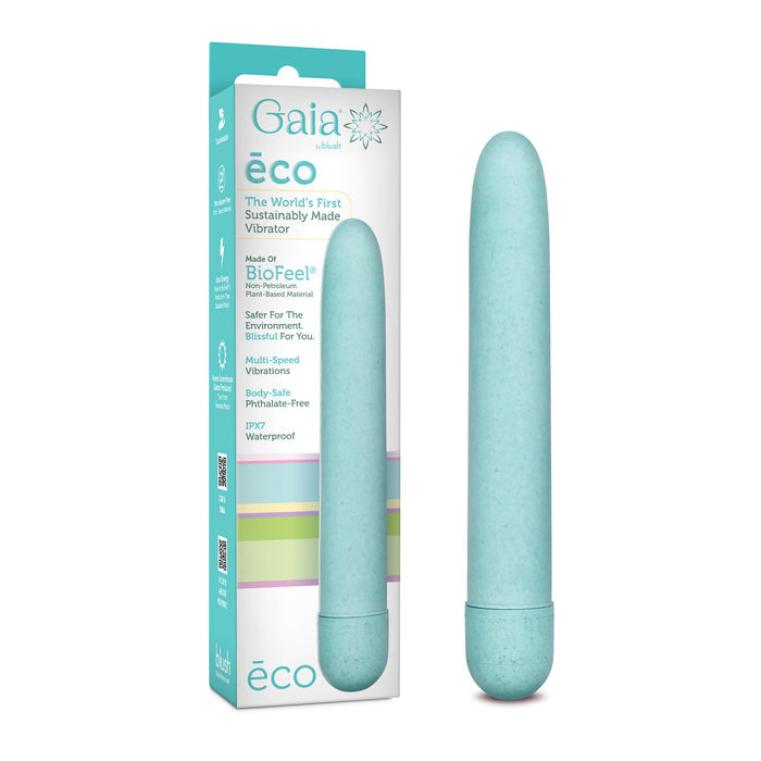 A light blue Blush Gaia Eco multispeed vibe stands next to its box, showcasing it as the world’s first sustainably made vibrator, crafted from eco-friendly and body-safe materials.