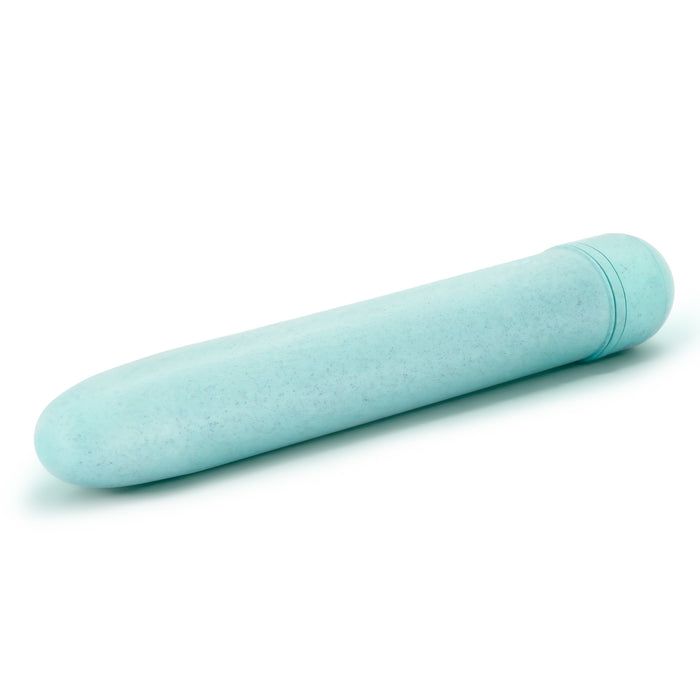 The Blush Gaia Eco is a light blue cylindrical vibrator with a smooth surface and traditional style. It is made from body-safe materials, offers multispeed vibrations, has a rounded end, and features a slightly textured area near the opposite end.