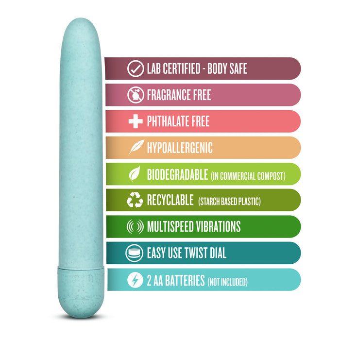 Image of a teal personal massager next to a list of features: lab certified body safe, fragrance free, phthalate free, hypoallergenic, biodegradable, recyclable, multispeed vibrations, easy use twist dial, requires 2 AA batteries (not included).