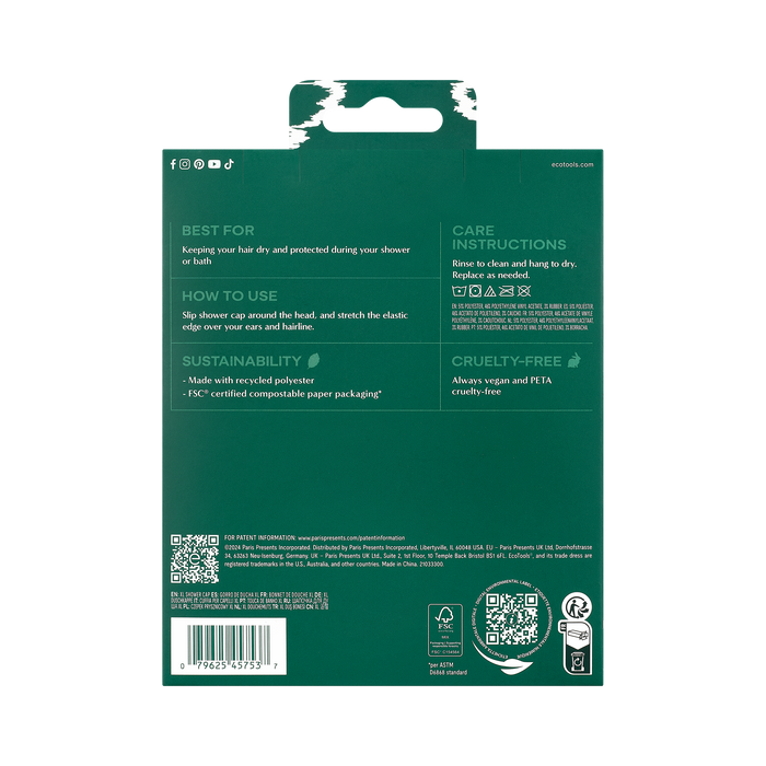 Back of EcoTools Eco XL Shower Cap packaging shows usage instructions, sustainability info, and care guidelines on a green background with white text. Features icons for being cruelty-free and a sustainable bath accessory.