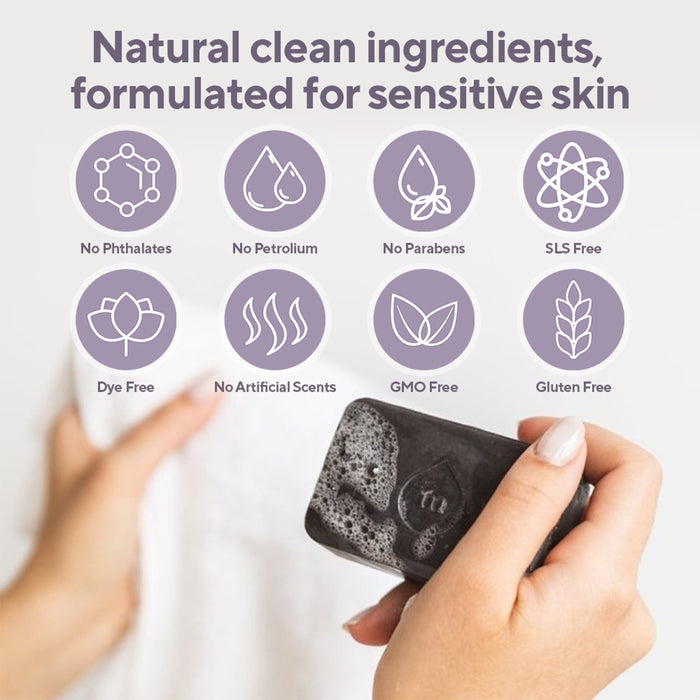 A hand holds Marie Originals Eczema & Psoriasis Relief Soap—black, soapy—in front of a white shirt. Icons highlight: no phthalates, petroleum, parabens, SLS, dyes, artificial scents, GMOs, or gluten; safe for sensitive skin.