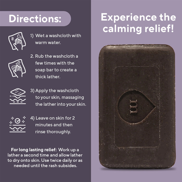 Instructions for using Marie Originals Eczema & Psoriasis Relief Soap are shown beside the dark rectangular bar; steps include wetting a washcloth, lathering the soap, massaging skin, and rinsing for calming relief.