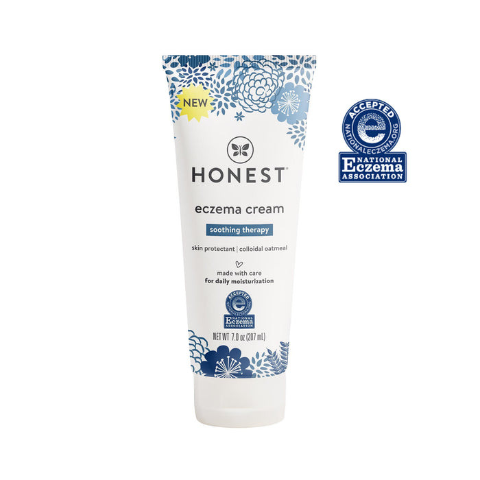 The Honest Company Eczema Relief Cream, 207 ml (7.0 oz) tube with a blue floral design, provides soothing therapy for eczema-prone skin with skin protectant and colloidal oatmeal. It delivers daily moisture and features the National Eczema Associations seal on its packaging.
