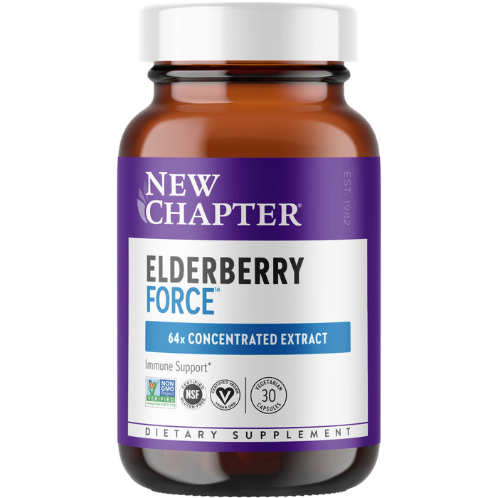 A brown bottle labeled Elderberry Force™ by New Chapter features a purple and white design. It contains 30 capsules with 64x concentrated elderberry extract for immune support and antioxidants, certified Non-GMO, NSF, and vegan.