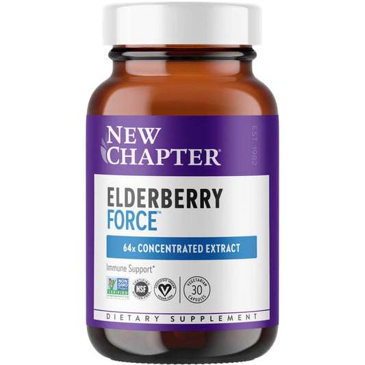 A brown bottle labeled Elderberry Force™ by New Chapter features a purple and white design. It contains 30 capsules with 64x concentrated elderberry extract for immune support and antioxidants, certified Non-GMO, NSF, and vegan.