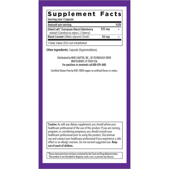 The image shows a supplement facts label of Elderberry Force™ by New Chapter, set on a white background with a purple border. It lists ingredients such as European Black Elderberry for immune support and Black Currant. Manufacturer details, a disclaimer, and contact information are included.