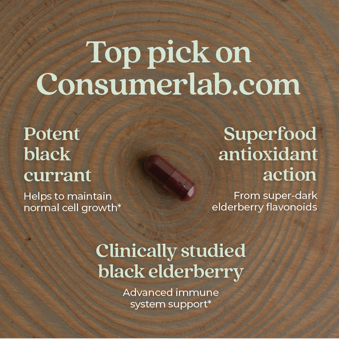 A single dark capsule on textured wood, surrounded by text: New Chapter Elderberry Force™—Consumerlab.com top pick; potent black currant for cell growth; superfood antioxidant action; and immune support benefits.