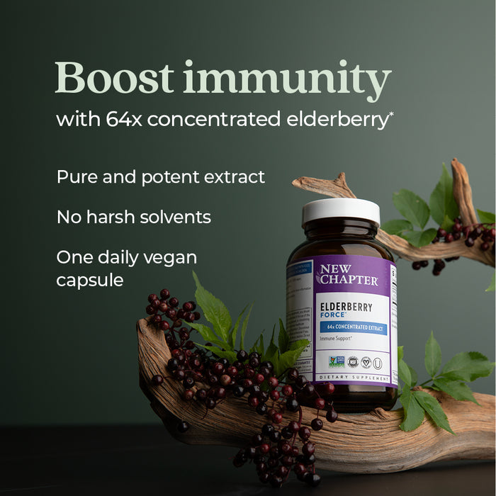 A bottle of New Chapter Elderberry Force™, for Immune Support, rests on a green surface with Black Elderberry and leaves. Text highlights its potent immune benefits, solvent-free formula, and convenient daily vegan capsule.