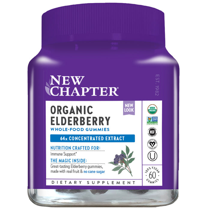 The New Chapter Elderberry Gummies display a purple label with immune support benefits and NSF certification, featuring an elderberry graphic. Inside are 60 vegan, non-GMO, sugar-free gummies designed for powerful immune support.