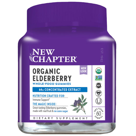 The New Chapter Elderberry Gummies display a purple label with immune support benefits and NSF certification, featuring an elderberry graphic. Inside are 60 vegan, non-GMO, sugar-free gummies designed for powerful immune support.