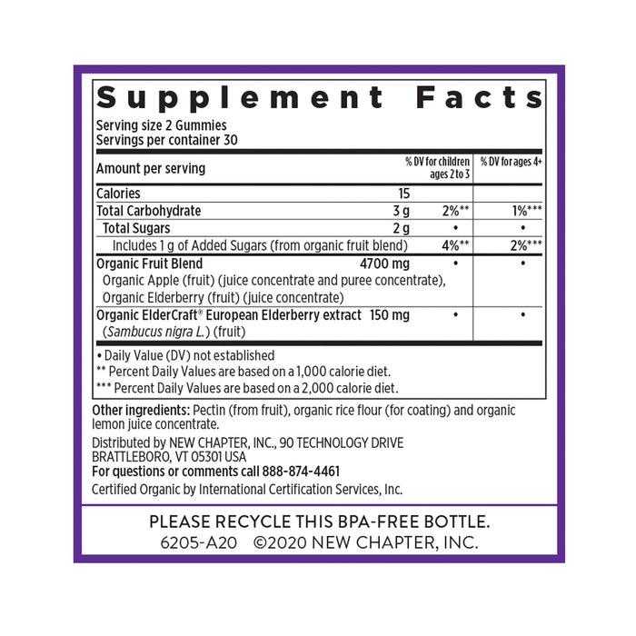 The Supplement Facts for New Chapters Organic Elderberry Gummies detail calories, carbohydrates, and sugars. They include an organic fruit blend with apple, concord grape, and elderberry extract for immune support. Manufactured by New Chapter, Brattleboro, VT in a BPA-free bottle.