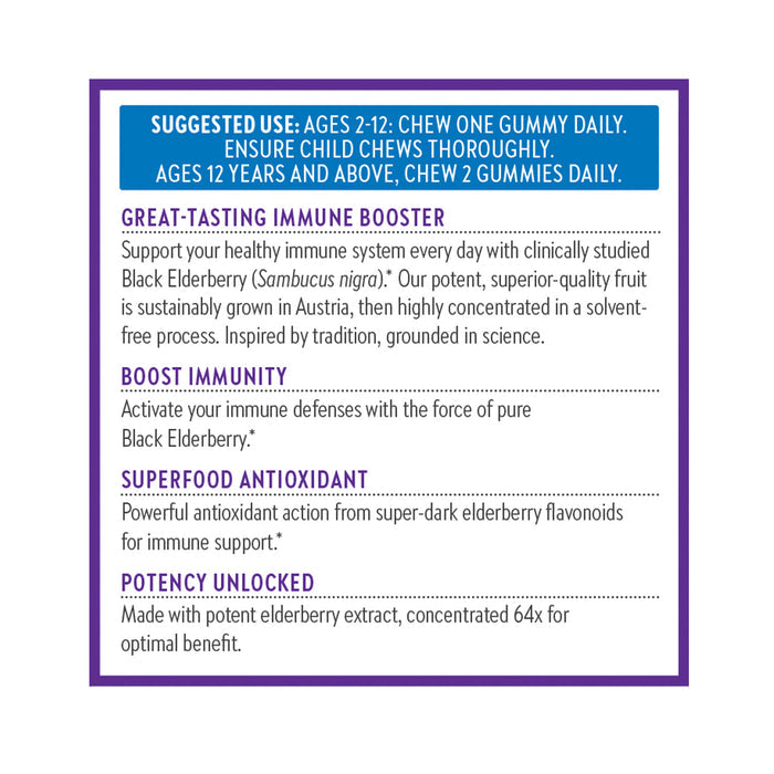Label for New Chapters Organic Elderberry Gummies offers usage instructions for children and adults, emphasizing immune support with Austrian Black Elderberrys antioxidant properties, blending tradition with science.